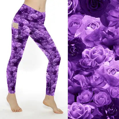 Preorder ends 13th Feb, available late March. Purple Roses Full Length Thigh Pocket Leggings