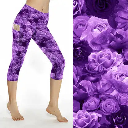 Preorder ends 13th Feb, available late March. Purple Roses Thigh Pocket Capri Leggings