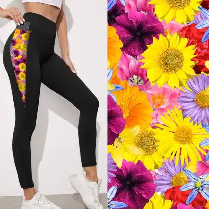 Preorder ends 30th November, available mid January. Bright Flower Full Length Triangle Pocket Leggings